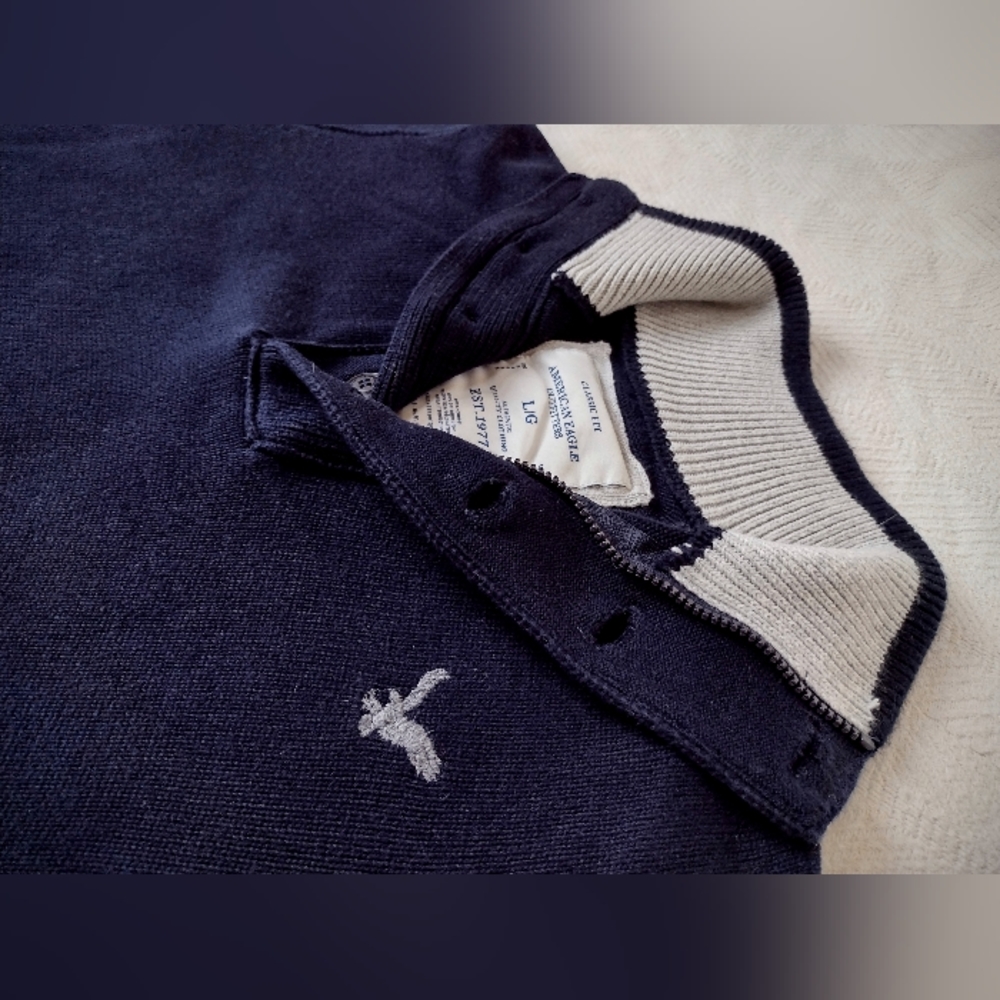 EUC AE Classic Fit Navy Heavyweight Zip Neck Sweater w/ Collar, Men's Large - Picture 3 of 7